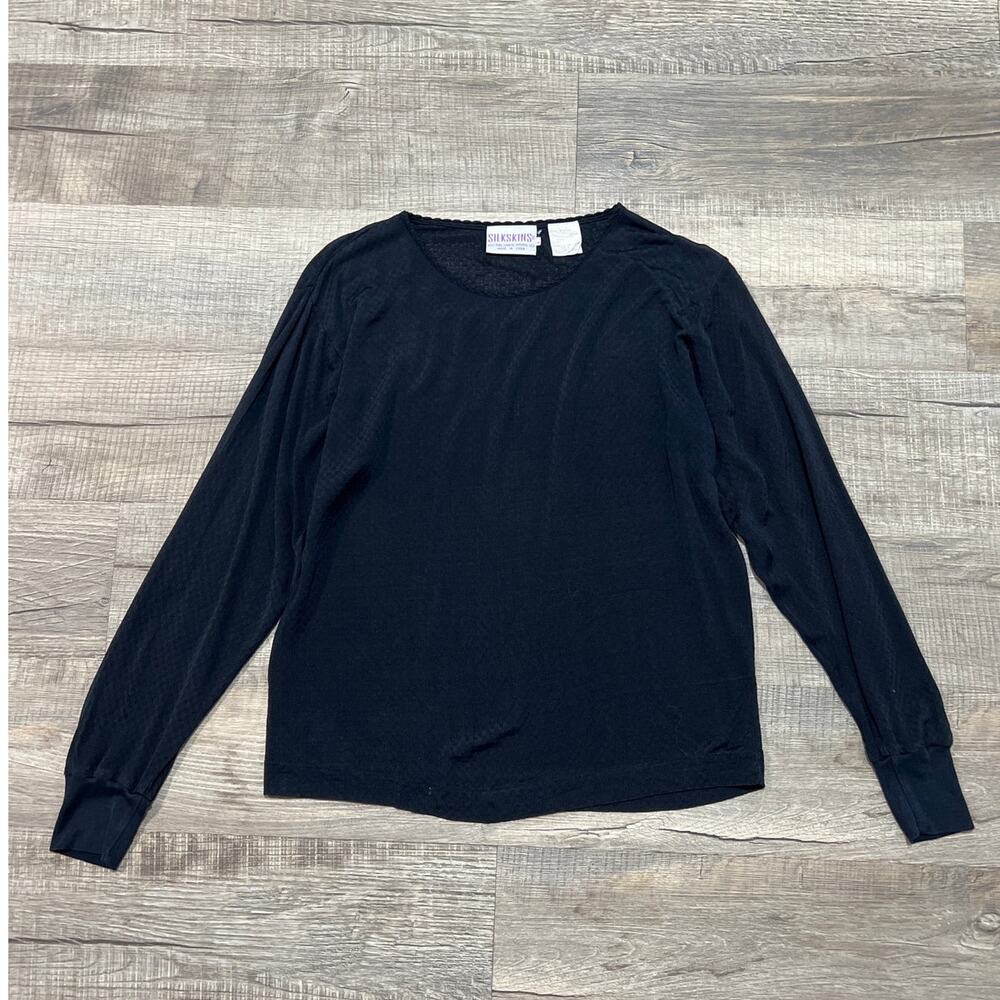 Silkskin 100% Pure Chinese Imperial Silk Sheer Black Jacquard Sleep PJ Shirt VTG